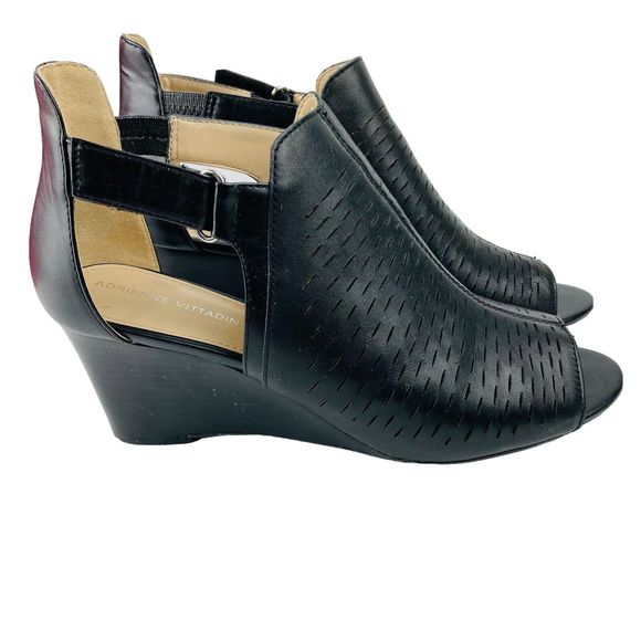 Adrienne Vittadin Black Leather Wedge Heel Open Toe Bootie Sandal Shoes US 9.5M - Picture 4 of 16